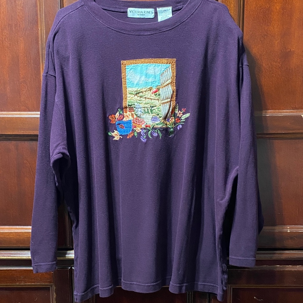 Victoria Jones Woman plus size 2X Purple Long Sleeve cotton fall embroidery top